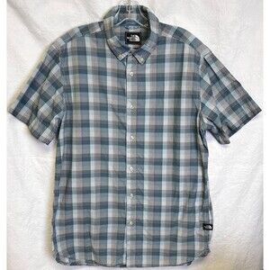 The North Face Shirt Men L Blue Plaid Button Up Hiking Inner Pocket Short Sleeve